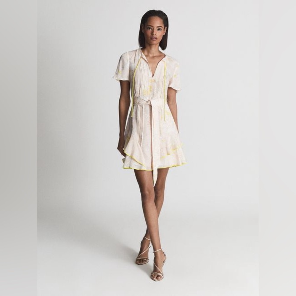 REISS Carlotta floral-print belted woven mini dress NEW